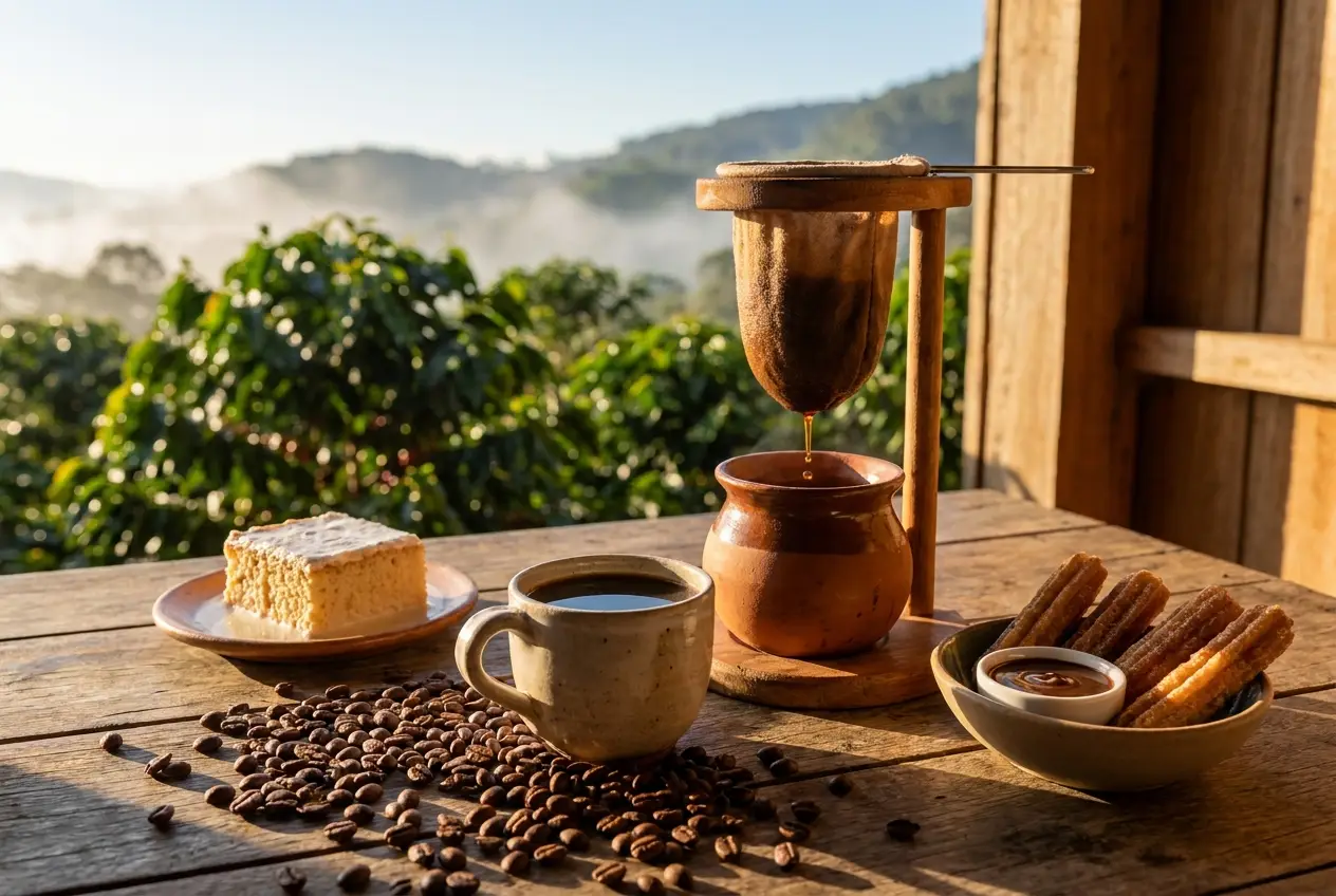 Costa Rican Tarrazú coffee with tres leches cake and churros