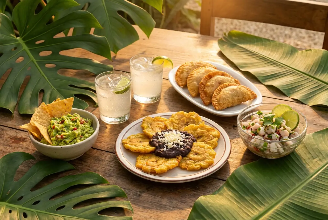 Happy hour appetizers and drinks on a wooden table
